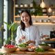 林美食，注册营养师，在明亮的营养咨询室中微笑展示食材，背景为健康饮食图表，专业亲切